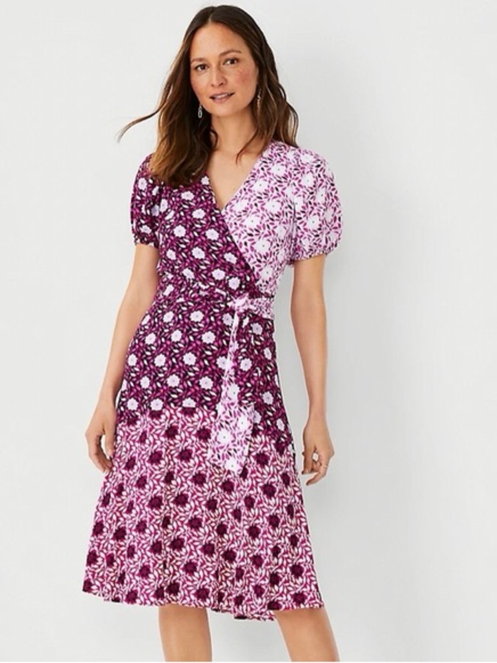 Ann Taylor Pink Floral Mix-Print Wrap Dress